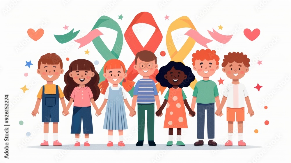Fototapeta premium United in Hope - Diverse Group of Smiling Children Wearing Cancer Awareness Ribbons in Front of Colorful Backdrop