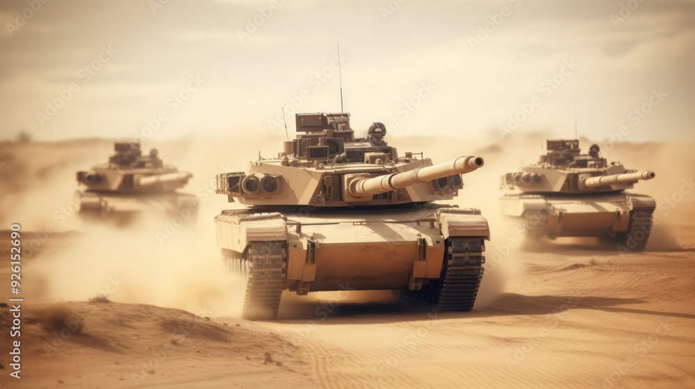 Army tanks in war battle on desert sands in movement. Neural network ai generated art Army tanks in war battle on desert sands in movement. Neural network ai generated art