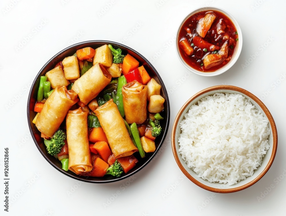 A plate of spring rolls with vegetables, rice, and dipping sauce.