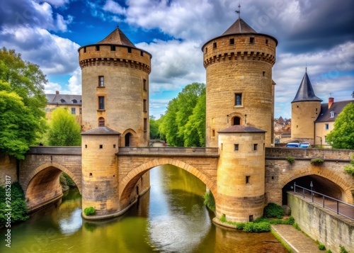 Medieval fortified bridge with two round towers of the 13th century, a historic landmark and ancient entrance to the city, in Metz, France. photo