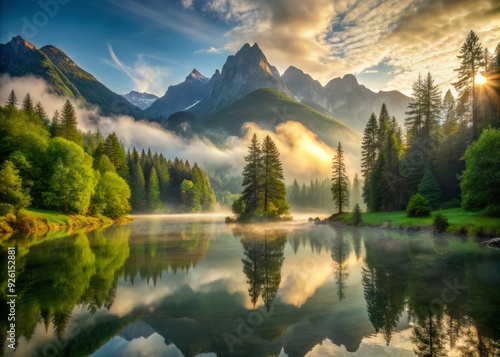 Misty morning tranquility surrounds a secluded mountain lake, reflecting majestic peaks and lush green forests, evoking a sense of peaceful solitude and natural harmony. photo