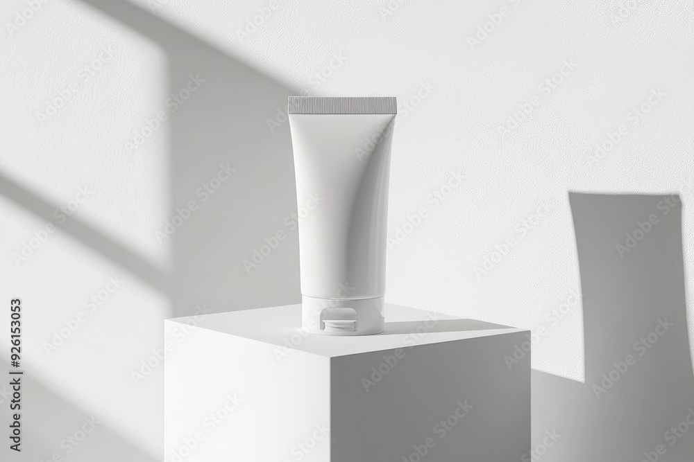 White tube mockup on pedestal on white isolated background. Concept of beauty products, face and body skin care. Image for your design with generative ai White tube mockup on pedestal on white isolated background. Concept of beauty products, face and body skin care. Image for your design with generative ai
