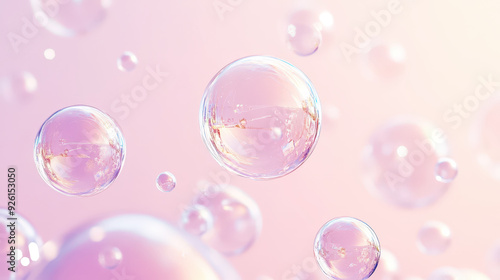 Aesthetic transparent soap bubbles floating on a pastel pink background. Detergents and cleaning products. Generative AI