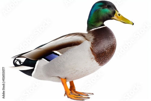 a mallard duck standing on a white background