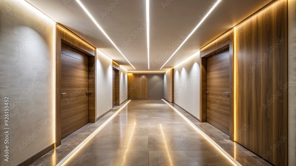 Modern LED lighting solution being installed in a sleek, minimalist corridor, emitting a warm glow, illuminating the empty space with a soft, ambient luminescence. Modern LED lighting solution being installed in a sleek, minimalist corridor, emitting a warm glow, illuminating the empty space with a soft, ambient luminescence.