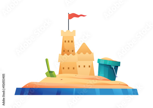 Sand castle and bucket on sandbox, ideal for beach games and fun. Vector cartoon illustration