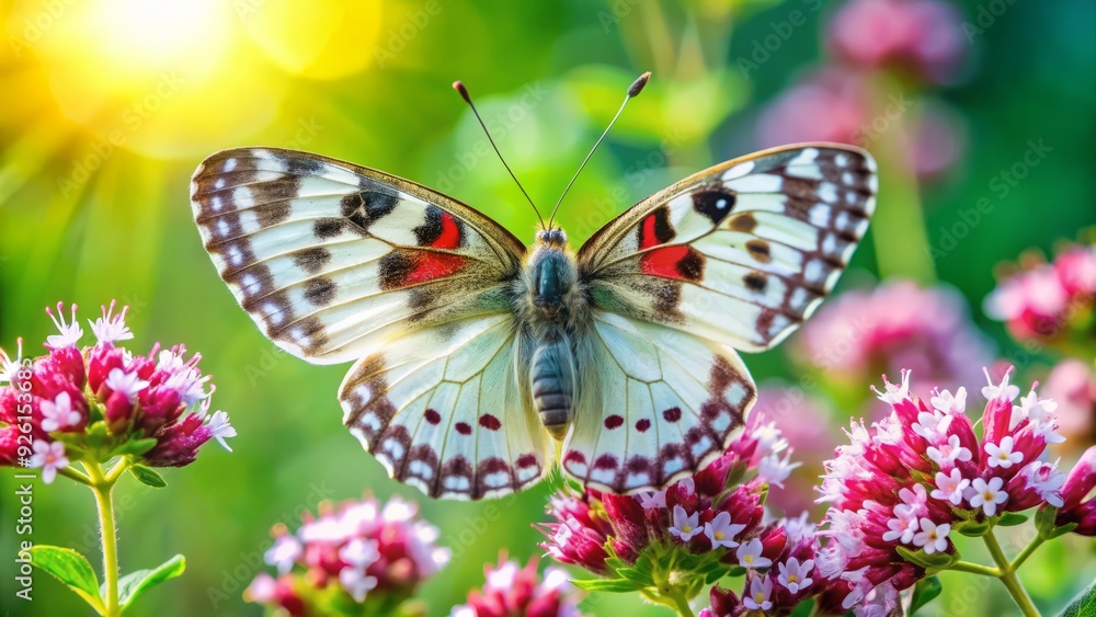 A majestic Apollo butterfly with striking red-spotted white wings flutters around a vibrant pink oregano bloom in a lush green summer meadow. A majestic Apollo butterfly with striking red-spotted white wings flutters around a vibrant pink oregano bloom in a lush green summer meadow.