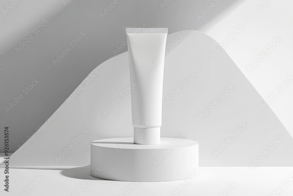 White tube mockup on pedestal on white isolated background. Concept of beauty products, face and body skin care. Image for your design with generative ai White tube mockup on pedestal on white isolated background. Concept of beauty products, face and body skin care. Image for your design with generative ai