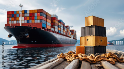 Large cargo ship at sea carrying colorful shipping containers, symbolizing global trade, logistics, and transportation of goods.