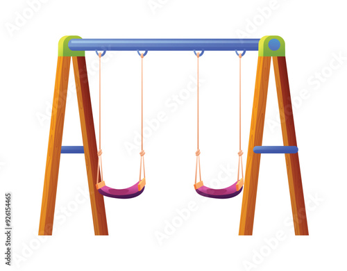 Wooden swing set with two hanging swings. Vector cartoon illustration