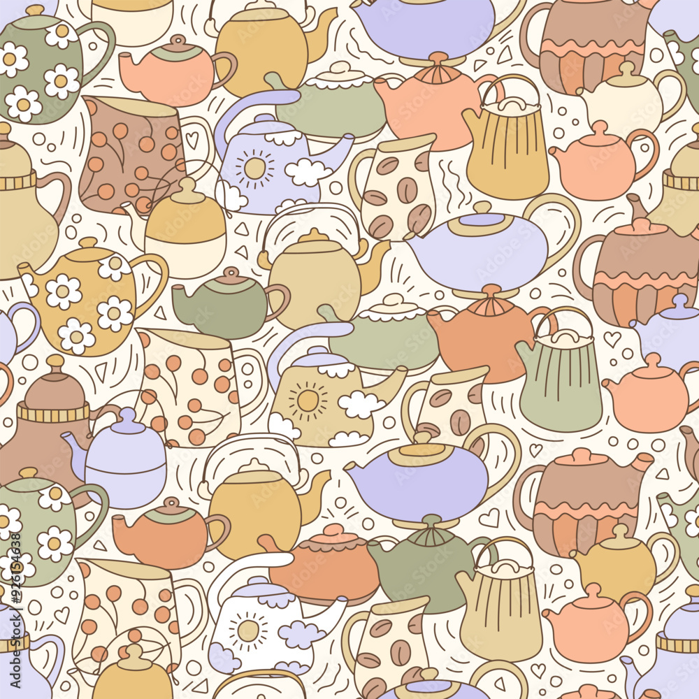 Kettles seamless pattern in doodle style. Cute retro background. Print for wrapping paper, packaging, scrapbooking, textile, fabric. Kettles seamless pattern in doodle style. Cute retro background. Print for wrapping paper, packaging, scrapbooking, textile, fabric.