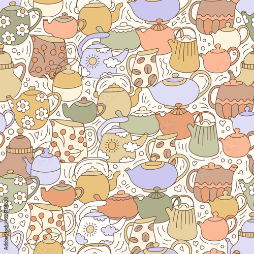 Kettles seamless pattern in doodle style. Cute retro background. Print for wrapping paper, packaging, scrapbooking, textile, fabric.