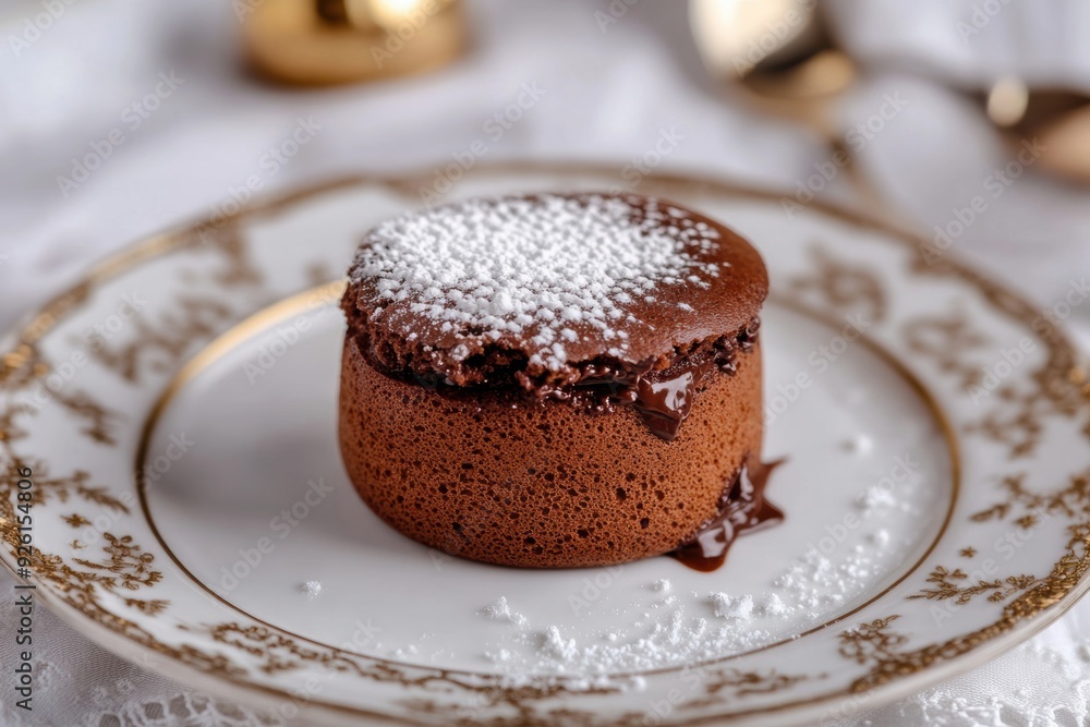 A velvety chocolate soufflé elegantly placed on a vintage plate with lace details, presenting a nostalgic and refined chocolate dessert. A velvety chocolate soufflé elegantly placed on a vintage plate with lace details, presenting a nostalgic and refined chocolate dessert.
