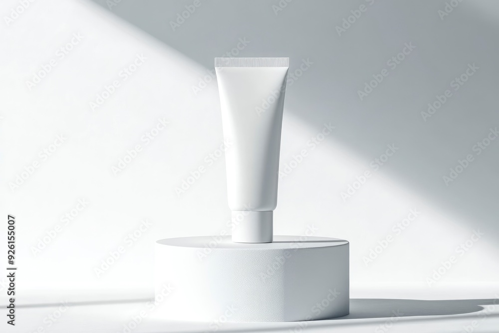 White tube mockup on pedestal on white isolated background. Concept of beauty products, face and body skin care. Image for your design with generative ai White tube mockup on pedestal on white isolated background. Concept of beauty products, face and body skin care. Image for your design with generative ai