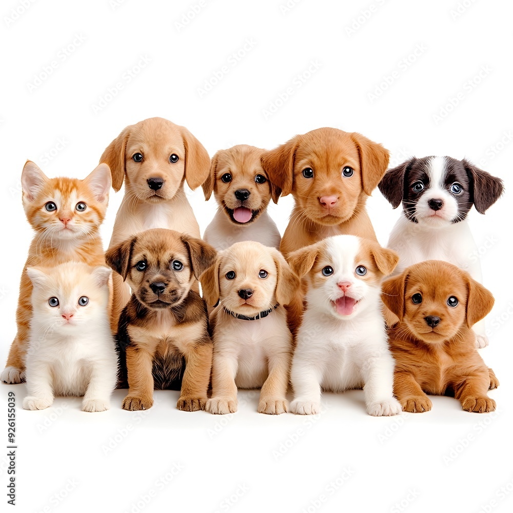 Adorable Puppy and Kitten Friends Sitting Together in Isolated Photo Adorable Puppy and Kitten Friends Sitting Together in Isolated Photo