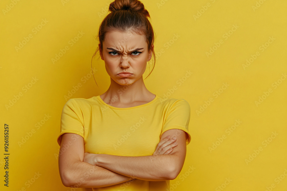 Fototapeta premium An angry woman with arms crossed, expressing frustration and tension on a yellow background.