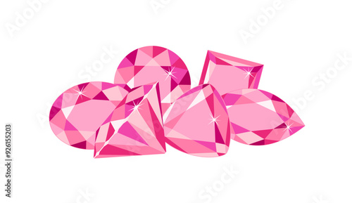 Heap of pink gemstones isolated on white background. Vector cartoon flat illustration of diamond or sapphire crystals.