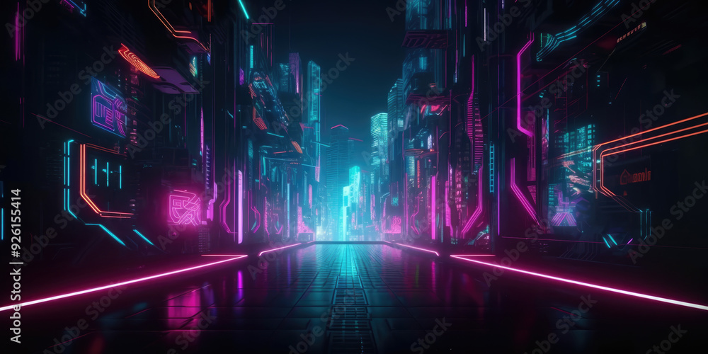 Fototapeta premium Futuristic Neon City with Glowing Signs and Vibrant Cyberpunk Streets at Night