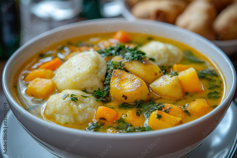 Hearty Guyanese Metemgee with Dumplings and Root Vegetables in Coconut Milk Broth Hearty Guyanese Metemgee with Dumplings and Root Vegetables in Coconut Milk Broth