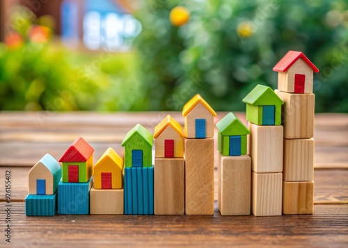 Colorful wooden blocks arranged to spell out KPI on a table, surrounded by miniature house models, symbolizing real estate loans and financial performance metrics.
