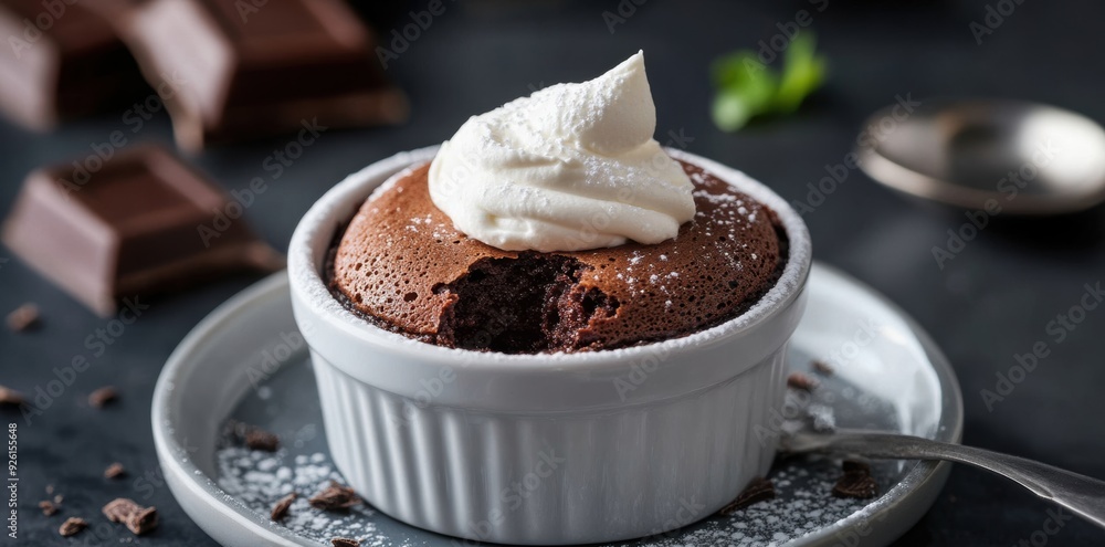 A velvety chocolate soufflé topped with a quenelle of Chantilly cream, creating a rich and airy dessert experience. A velvety chocolate soufflé topped with a quenelle of Chantilly cream, creating a rich and airy dessert experience.