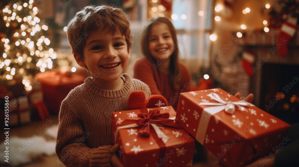 Two children are holding presents in front of a christmas tree, AI Two children are holding presents in front of a christmas tree, AI