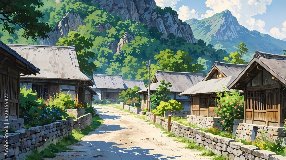 Fototapeta premium Majestic Tranquil Village: Rustic Charm at the Foot of a Mountain in Stunning Watercolor with Anime Style
