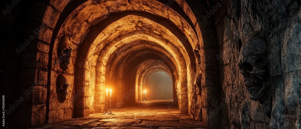 Obraz premium Gothic archway tunnel with carved stone faces, dim candlelight, and shadowy figures in the distance, Halloween tunnel, ancient cursed tunnel