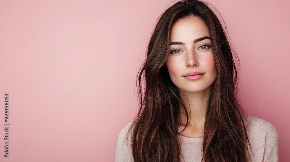 Radiant Beauty: A Portrait of a Woman with Clear Skin and Long Hair Against a Soft Pink Background.beauty and skincare advertisements or editorial content. Radiant Beauty: A Portrait of a Woman with Clear Skin and Long Hair Against a Soft Pink Background.beauty and skincare advertisements or editorial content.