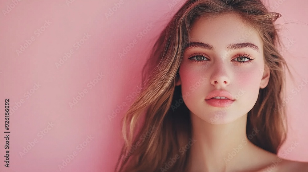 Naklejka premium Radiant Beauty: A Portrait of a Woman with Clear Skin and Long Hair Against a Soft Pink Background.beauty and skincare advertisements or editorial content. 