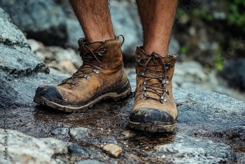 A man wearing a pair of hiking boots standing on a rock.