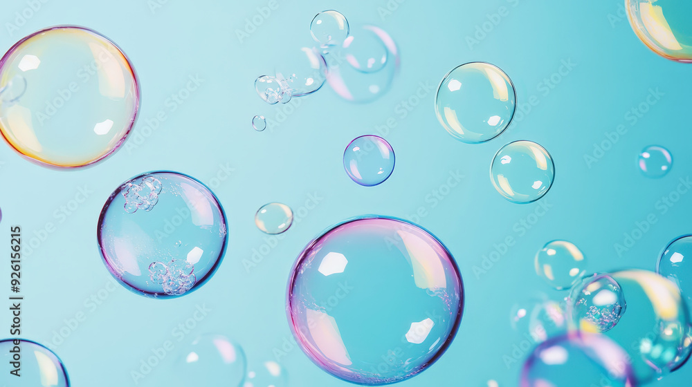 Aesthetic transparent soap bubbles floating on pastel blue background. Detergents and cleaning products. Generative AI Aesthetic transparent soap bubbles floating on pastel blue background. Detergents and cleaning products. Generative AI