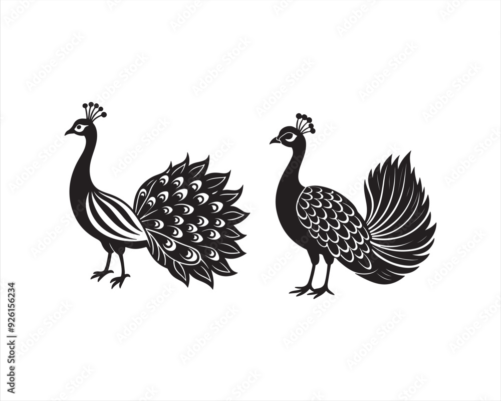design a full view white Peacock in black and white, on white background design a full view white Peacock in black and white, on white background