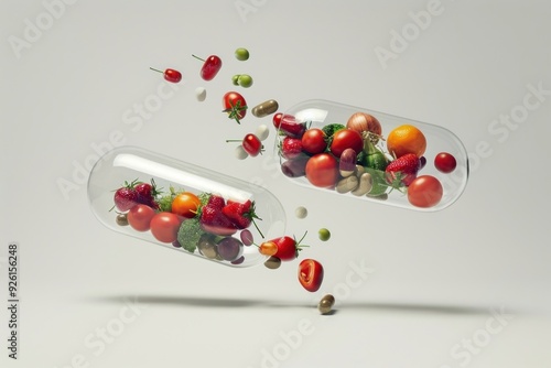 Two capsules with fruits and vegetables falling out from top to bottom plant food freshness. photo