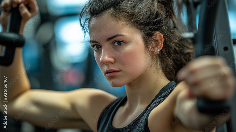 Fototapeta premium Young woman exercising in a gym while using a resistance machine during an afternoon workout session