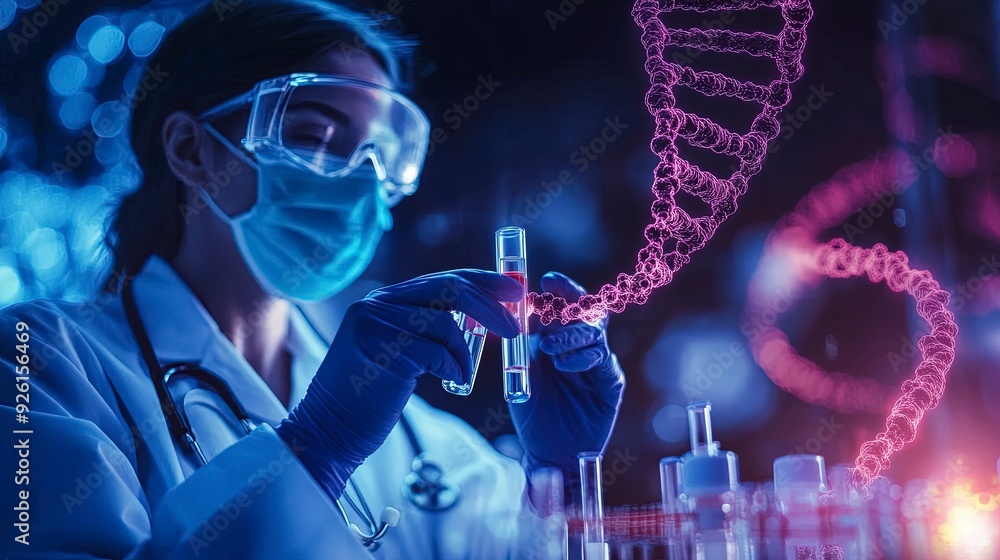 scientist holding medical testing tubes or vials of medical pharmaceutical research with blood cells and virus cure using DNA genome sequencing biotechnology as wide banner hologram. Generative ai scientist holding medical testing tubes or vials of medical pharmaceutical research with blood cells and virus cure using DNA genome sequencing biotechnology as wide banner hologram. Generative ai
