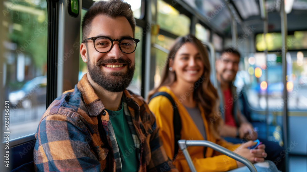 Three friends smiling while seated on a bus, enjoying a journey together in a relaxed, urban setting. Three friends smiling while seated on a bus, enjoying a journey together in a relaxed, urban setting.
