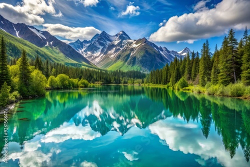 Serene turquoise lake surrounded by majestic snow-capped mountains and lush green forest, reflected perfectly in the calm water, Reid Creek hiking trail, Alaska.