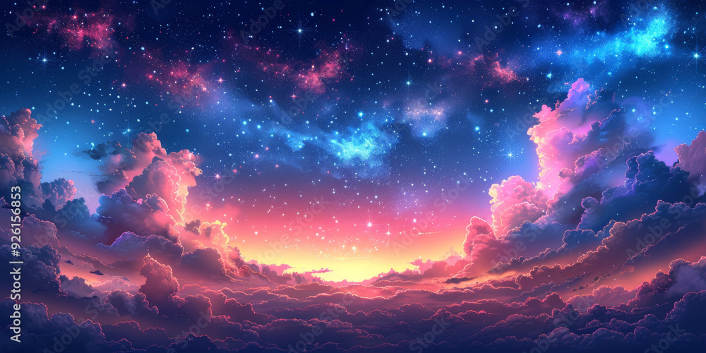 Fototapeta premium Sparkling Stars and Colorful Clouds in Cartoonish Night Sky Background