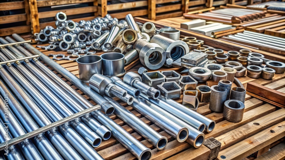 Assorted metal profiles, pipes, and fittings lay organized on a wooden pallet, awaiting assembly, with various screws, nuts, and bolts scattered around, in a construction site. Assorted metal profiles, pipes, and fittings lay organized on a wooden pallet, awaiting assembly, with various screws, nuts, and bolts scattered around, in a construction site.