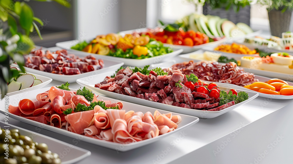 Simple catering of colorful meat, vegetables, and desserts laid out on white plates.
Simple catering of colorful meat, vegetables, and desserts laid out on white plates.