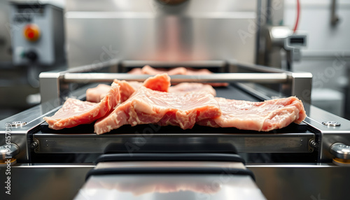 Close up pork or meat sliced on conveyor of automatic and precision slicer machine for industrial food manufacture isolated with white highlights, png photo