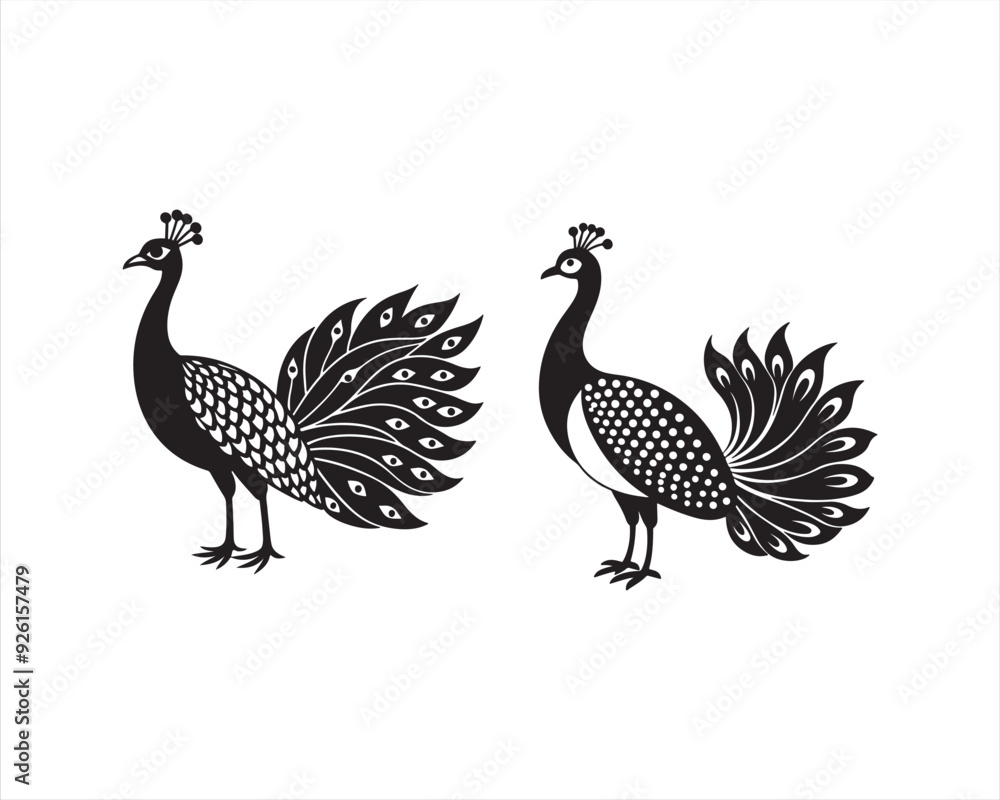 design a full view white Peacock in black and white, on white background design a full view white Peacock in black and white, on white background