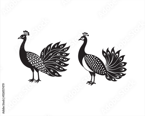 design a full view white Peacock in black and white, on white background