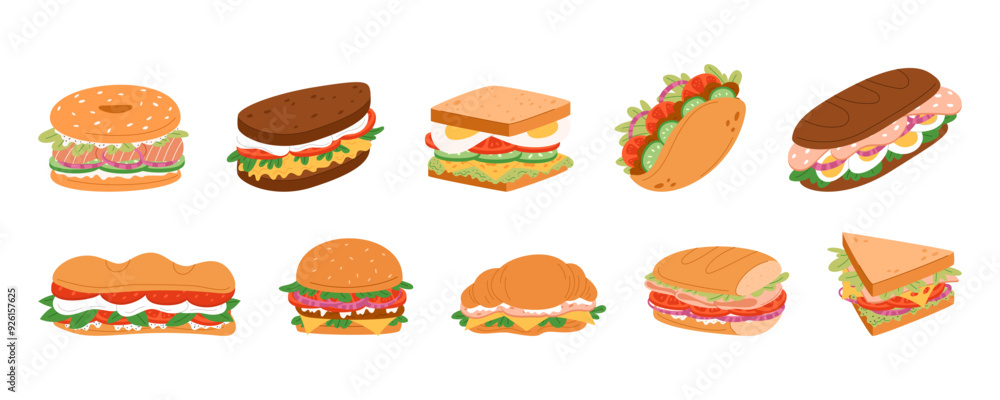 Sandwich food. Bagel, baguette and burger with cheese, chicken and meat. Pita with ham or salmon, meal bun. Flat cartoon healthy restaurant menu isolated elements. Vector icon garish breakfast set Sandwich food. Bagel, baguette and burger with cheese, chicken and meat. Pita with ham or salmon, meal bun. Flat cartoon healthy restaurant menu isolated elements. Vector icon garish breakfast set