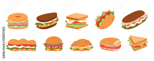 Sandwich food. Bagel, baguette and burger with cheese, chicken and meat. Pita with ham or salmon, meal bun. Flat cartoon healthy restaurant menu isolated elements. Vector icon garish breakfast set