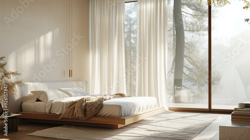 a serene bedroom with a neutral color palette, a low-profile bed, and soft textures. large floor-to-ceiling windows, a plush area rug, and simple, elegant 