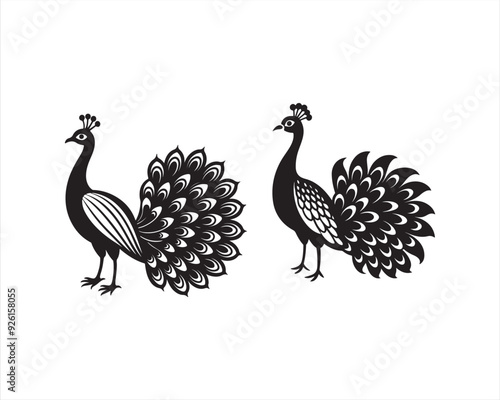 design a full view white Peacock in black and white, on white background