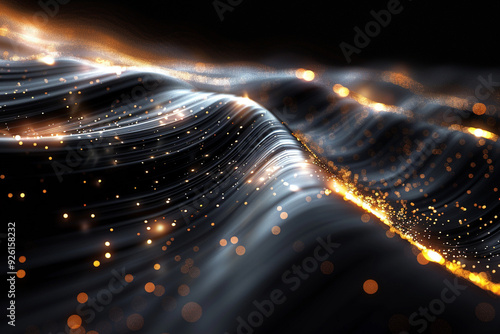 A sleek black background adorned with radiant, abstract streaks of light, creating a mesmerizing and futuristic technological backdrop that captivates imagination with its dynamic and enigmatic allur photo