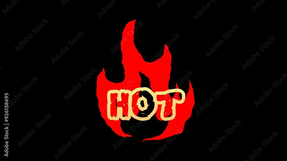 Animation Yellow HOT Text with flashing effects and background Flaming flame logo as well as black background Animation Yellow HOT Text with flashing effects and background Flaming flame logo as well as black background